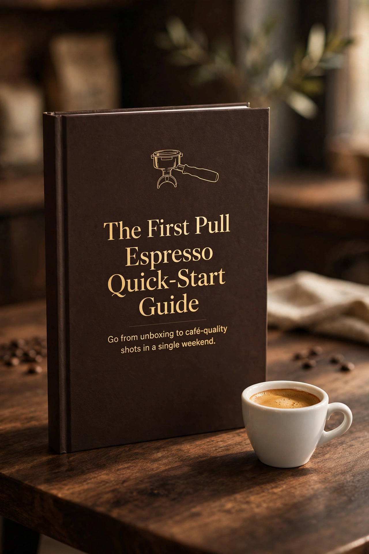 The First Pull Espresso Quick-Start Guide — book mockup beside an espresso cup